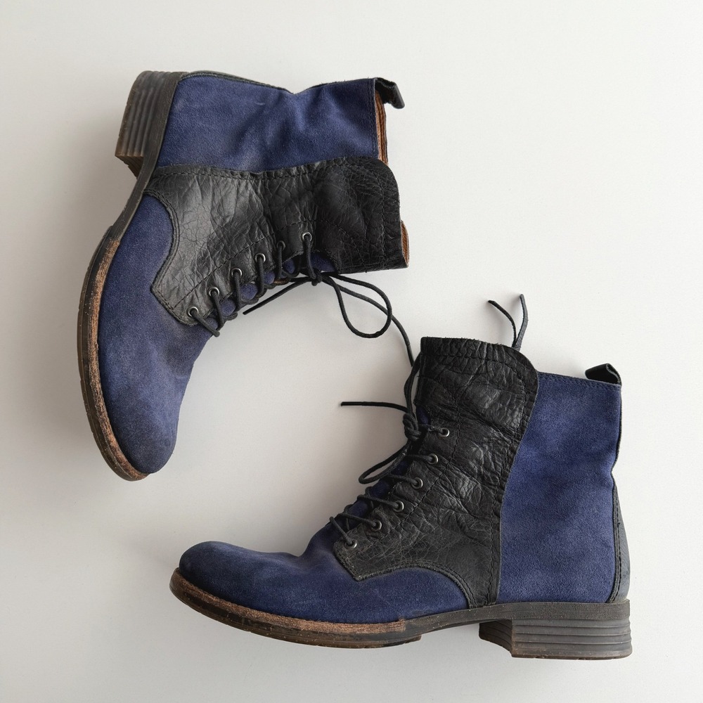 Naya Agave Side Zip Lace Up Blue Black Suede Round Toe Comfort Boots sz 10.5